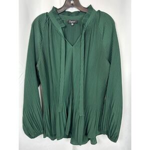 Papillon Dark Green Pleated Tie Neck Ruffle Blouse Long Sleeve XXL Office Wear